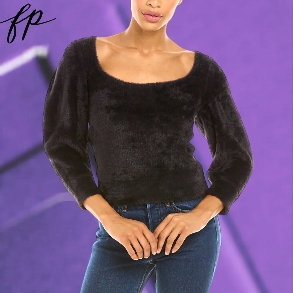 FREE PEOPLE NWT Moonbeam Puff Sleeve Fuzzy Cropped Pullover Sweater/LG